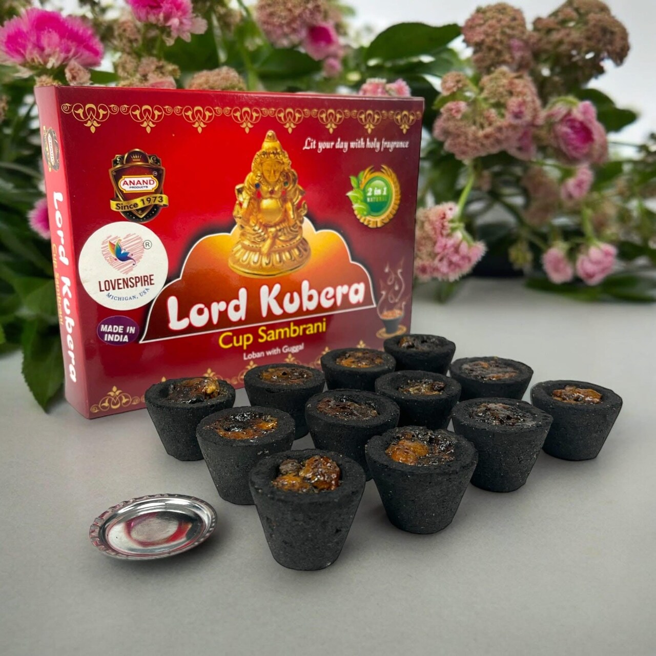 Sambrani Dhoop Cup with Burner Plate Guggal Loban Incense Black Long Lasting Aroma for Prayer Puja Meditation Spiritual Events Dhoopam for Havan Rituals - Natural Fragrance (12 Cups)
